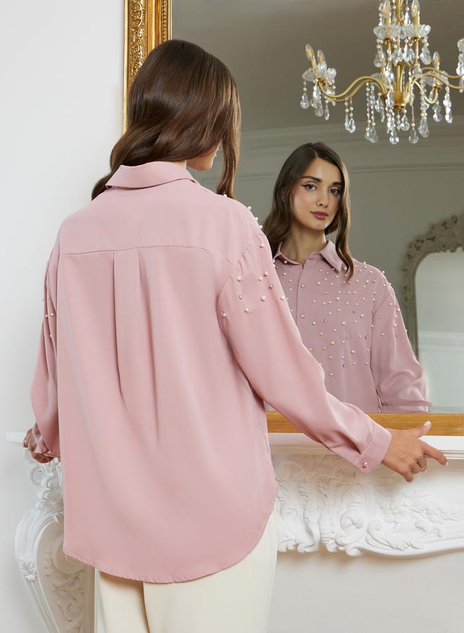Styli Women Pink Pearl Embellished Long Sleeve Shirt - Image 5